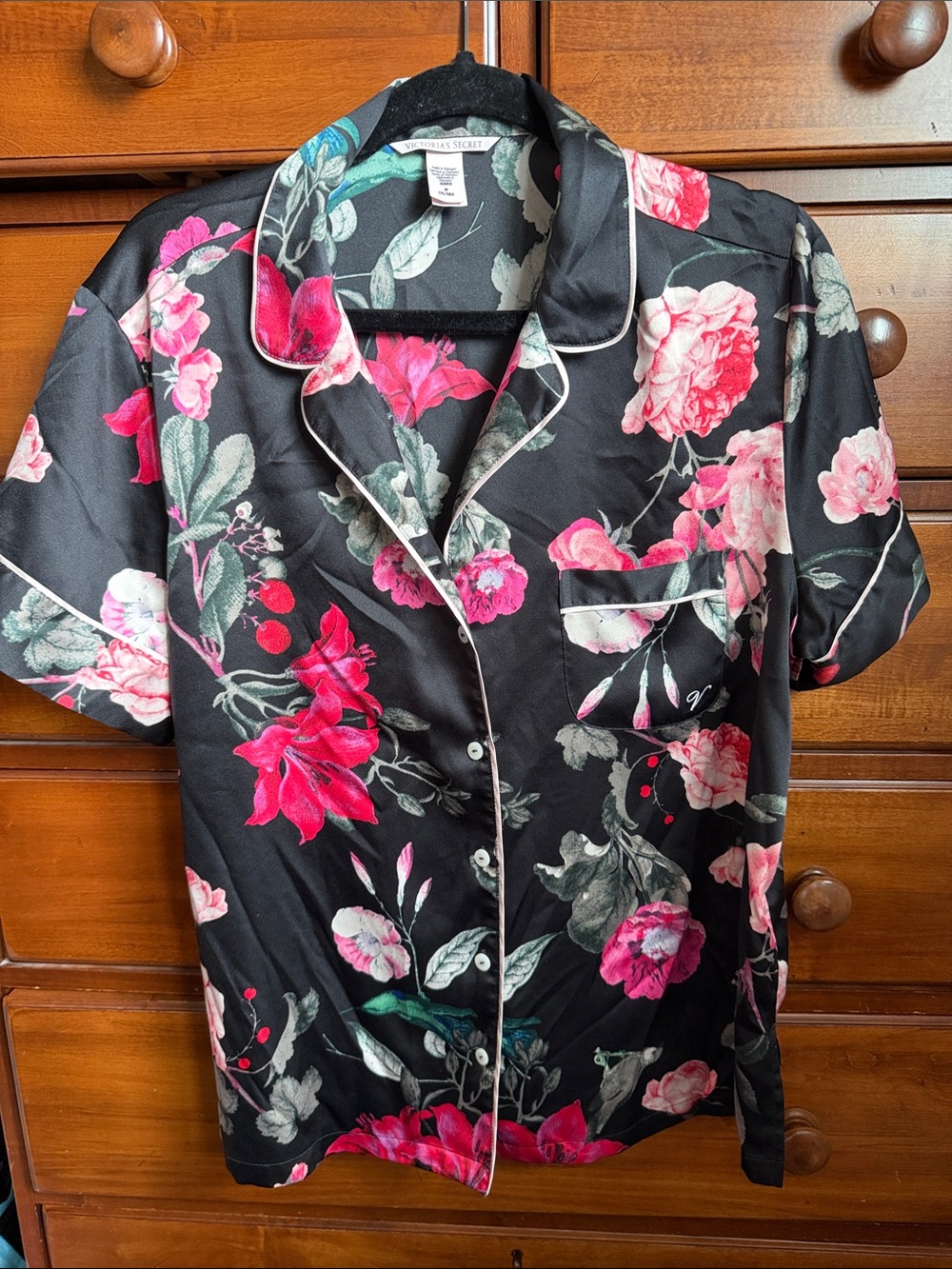 Victoria's Secret Black Floral Satin Short Sleeve Pajama Top and Bottom